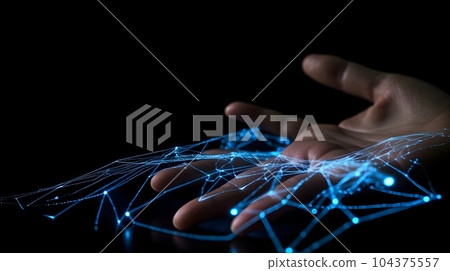 Human hand touching hologram screen with finger with glowing polygonal wireframe on dark background generative AI. Network and technology concept finger virtual panel with binary code. 104375557