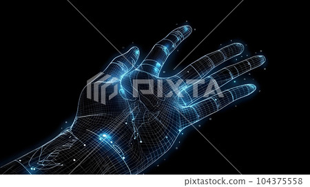 Human hand touching hologram screen with finger with glowing polygonal wireframe on dark background generative AI. Network and technology concept finger virtual panel with binary code. 104375558