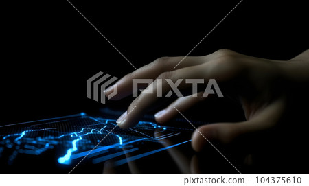 Human hand touching hologram screen with finger with glowing polygonal wireframe on dark background generative AI. Network and technology concept finger virtual panel with binary code. Human hand touching hologram screen with finger with glowing polygonal wireframe on dark background generative AI. Network and technology concept finger virtual panel with binary code. 104375610