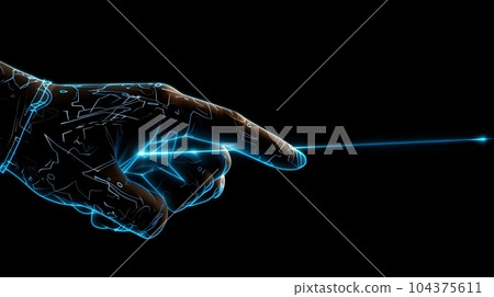 Human hand touching hologram screen with finger with glowing polygonal wireframe on dark background generative AI. Network and technology concept finger virtual panel with binary code. Human hand touching hologram screen with finger with glowing polygonal wireframe on dark background generative AI. Network and technology concept finger virtual panel with binary code. 104375611