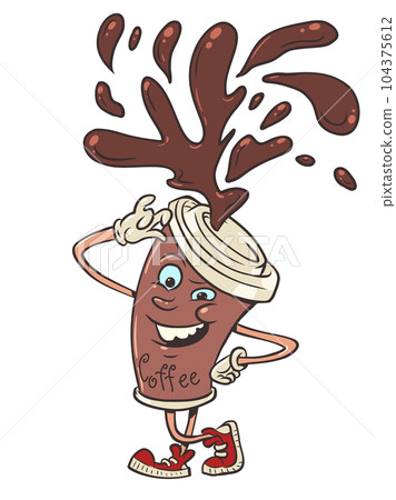 Delicious and hot drink in the morning. Coffee house and its mascot. A lively cup of coffee adjusts the lid like a hat. 104375612