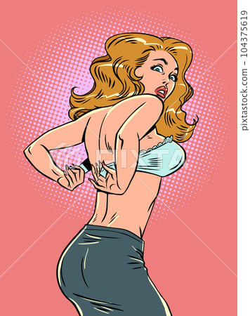 Hasty morning of an office worker. The blonde is trying to put on a bra. Lingerie shop for girls. 104375619