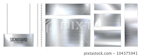 Metal banners hanging on a chain. Realistic shiny steel plate with screws. Polished silver metal surface. Vector illustration Metal banners hanging on a chain. Realistic shiny steel plate with screws. Polished silver metal surface. Vector illustration 104375941