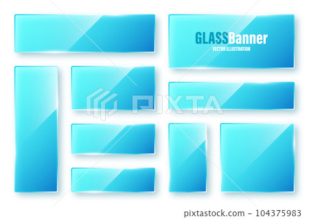 Realistic isolated glass frames collection. Blue transparent glass banners with flares and highlights. Glossy acrylic plate, element with light reflection and place for text. Vector illustration 104375983