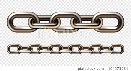 Realistic brown metal chain with old rusty links. Heavy steel chain for industrial use. Vector illustration 104375984