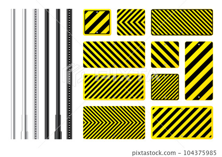 Warning, danger signs, attention banners with metal poles. Yellow caution sign, construction site signage. Notice signboard, warning banner, road shield. Vector illustration 104375985