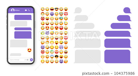 Smartphone messaging app, user interface design with emoji. SMS text frame. Chat screen with violet message bubbles. Texting app for communication. Social media application. Vector illustration Smartphone messaging app, user interface design with emoji. SMS text frame. Chat screen with violet message bubbles. Texting app for communication. Social media application. Vector illustration 104375986