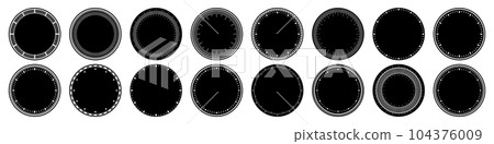 Mechanical clock faces, bezel. Watch dial with minute and hour marks. Timer or stopwatch element. Blank measuring circle scale with divisions. Vector illustration. 104376009