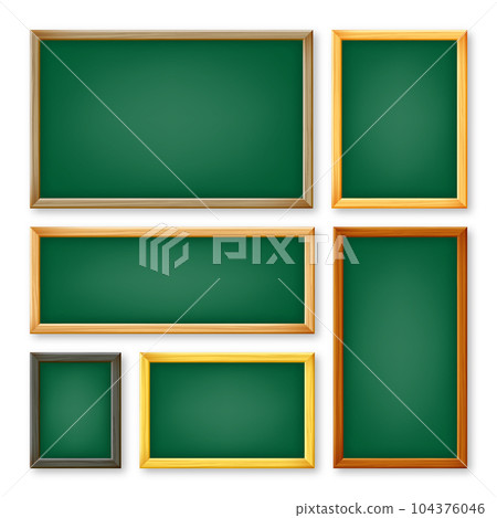 Realistic various chalkboards in a wooden frame. Green restaurant menu board. School blackboard, writing surface for text or drawing. Blank advertising or presentation boards. Vector illustration 104376046
