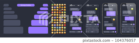 Smartphone messaging app, user interface with emoji. SMS text frame. Chat screen, violet message bubbles. Texting app for communication. Social media application. Dark mode. Vector illustration Smartphone messaging app, user interface with emoji. SMS text frame. Chat screen, violet message bubbles. Texting app for communication. Social media application. Dark mode. Vector illustration 104376057