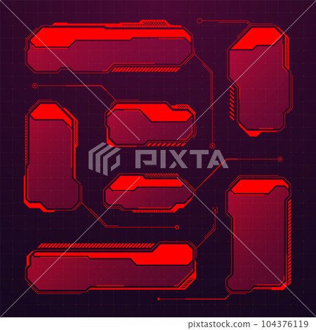 Red futuristic HUD or UI elements. Sci-fi user interface text boxes, callouts. Warning message frames, information boxes template. Modern game interface layout in digital style. Vector illustration 104376119