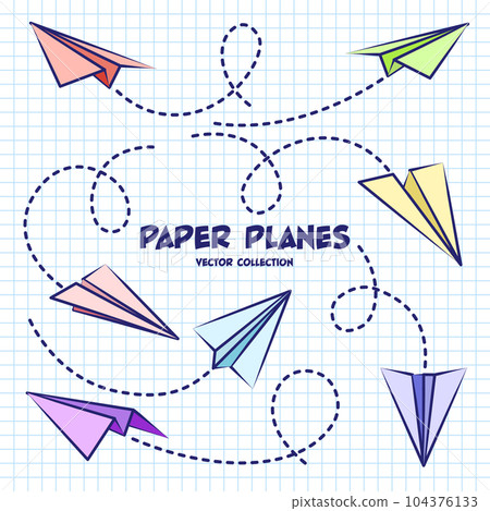 Hand drawn planes on checkered paper sheet. School notebook for drawing. Doodle airplane, dotted route line. Aircraft icon, simple colorful plane silhouettes. Outline, line art. Vector illustration 104376133