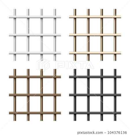 Realistic shiny metal prison bars isolated on white background. Detailed jail cage, prison iron fence. Criminal background mockup. Vector illustration 104376136