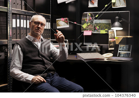 Pov of elderly police officer talking with remote inspector during online videocall meeting, discussing criminal investigations case. Senior private detective working overtime in arhive room Pov of elderly police officer talking with remote inspector during online videocall meeting, discussing criminal investigations case. Senior private detective working overtime in arhive room 104376340