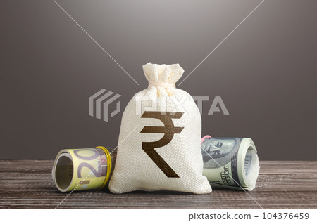 Indian rupee money bag. Deposits and savings. Loans and credits, mortgage. Funding and grants. Banks and finance. Investments, fundraising. Economics and currency exchange, stock market. 104376459
