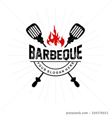 Barbeque Logo, Hot Grill Design With Fire And Spatula, Vector BBQ Grill Vintage Tripography, Retro Rustic Logo For Cafe, Restaurant, Bar 104376831