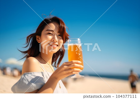 在海灘上喝啤酒的女人 1 AI 生成的圖像 104377111