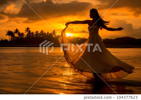 Hula girl dancing on the beach in the setting sun 4 AI-generated image 104377623