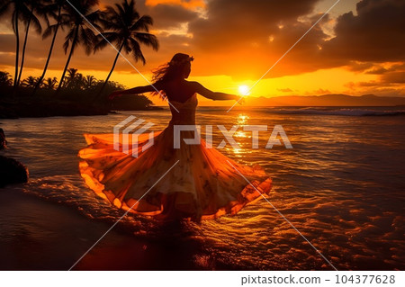 夕陽下在海灘上跳舞的草裙舞女孩 9 AI 生成的圖像 104377628