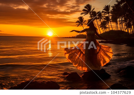 夕陽下在海灘上跳舞的草裙舞女孩 10 AI 生成的圖像 104377629