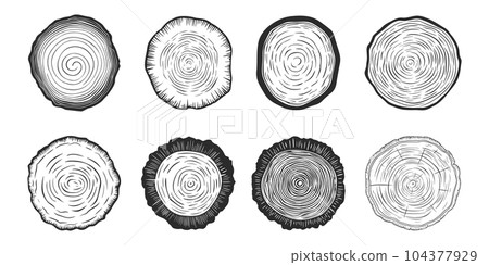 Vector Tree Rings, Saw Cut Tree Trunk, Wood Log, Cross. Pine, Oak Slices, Lumber. Cut Timber, Wooden Texture with Tree Rings. Hand Drawn Design Elements Set Vector Tree Rings, Saw Cut Tree Trunk, Wood Log, Cross. Pine, Oak Slices, Lumber. Cut Timber, Wooden Texture with Tree Rings. Hand Drawn Design Elements Set 104377929