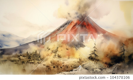 火山噴發：活火山噴發的水彩畫 104378106