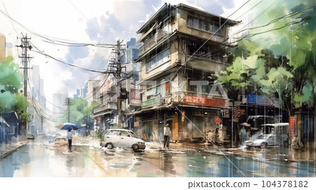 大雨中的街角：大雨中街道的水彩畫 104378182
