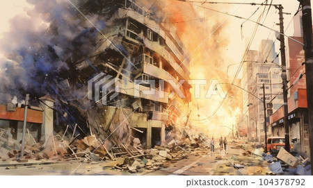 Earthquake hits the city: watercolor painting of an earthquake directly below the city 104378792