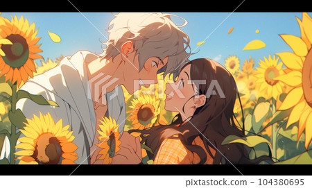 年輕的男女戀人在向日葵田裡看著對方 104380695