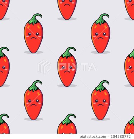 Vector Seamless Pattern with Cartoon Cute and Funny Red Hot Chili Peppers. Kawaii Style. Fresh Chili Hot Pepper with Chili Pepper Face, Sad Emotion. Vector Illustration 104380772