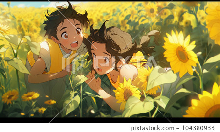 Boy and girl playing in sunflower field 104380933