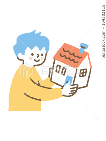 A boy lifting a model of a house_color A boy lifting a model of a house_color 104382118