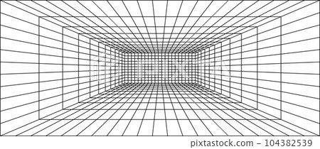 Wireframe grid room. 3d perspective background. Futuristic digital outline space. Black and white geometric design. Vector template illustration Wireframe grid room. 3d perspective background. Futuristic digital outline space. Black and white geometric design. Vector template illustration 104382539