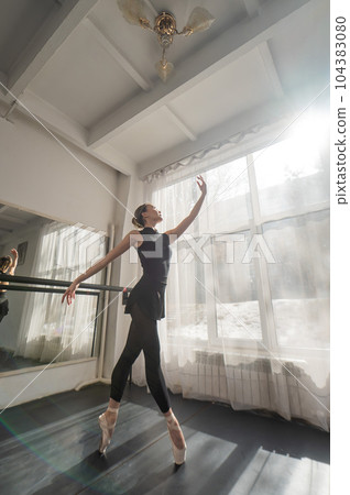 A beautiful Asian ballerina is training in a dance class. Vertical photo. 104383080