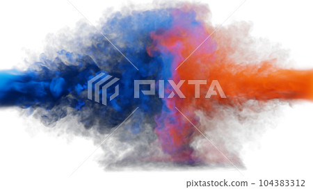 Puffs of blue and red smoke collide against a white background. 3d illustration. Puffs of blue and red smoke collide against a white background. 3d illustration. 104383312