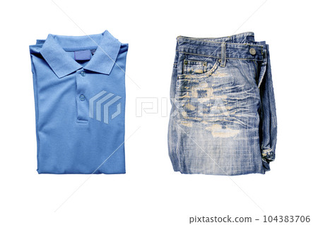 Top view of blue polo shirt and Old jeans on a white background Top view of blue polo shirt and Old jeans on a white background 104383706