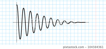 Sinusoid fading signal on blue grid paper. Black curve sound wave on checkered paper. Voice or music audio concept. Pulse line in school notebook. Fading out electronic radio graphic. Vector Sinusoid fading signal on blue grid paper. Black curve sound wave on checkered paper. Voice or music audio concept. Pulse line in school notebook. Fading out electronic radio graphic. Vector 104384361