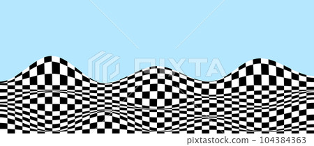 Wavy checkered pattern on blue background. black and white curved warped chessboard floor. Trippy undulate squares texture surface. Landscape terrain concept. Vector optical illusion wallpaper. Wavy checkered pattern on blue background. black and white curved warped chessboard floor. Trippy undulate squares texture surface. Landscape terrain concept. Vector optical illusion wallpaper. 104384363