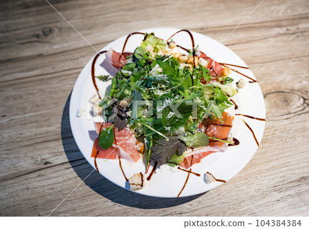 smoked salmon salad in plate smoked salmon salad in plate 104384384