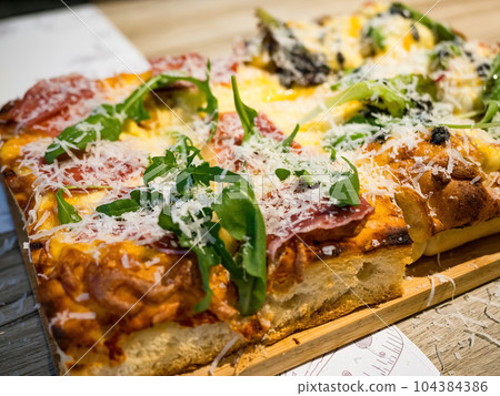 Mushroom pizza with truffles sauce, mascarpone and parmesan. Mushroom pizza with truffles sauce, mascarpone and parmesan. 104384386