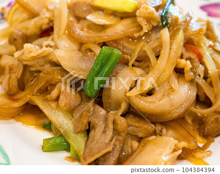 stir-fry pork with green onions stir-fry pork with green onions 104384394