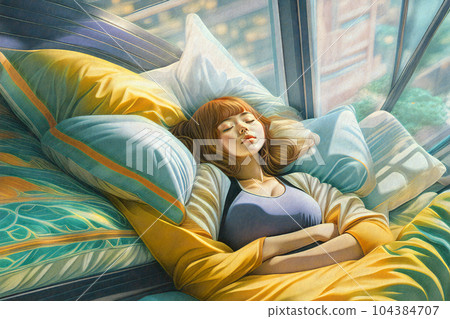 A young woman who overslept | Anime / cartoon style digital illustration | Generative AI A young woman who overslept | Anime / cartoon style digital illustration | Generative AI 104384707