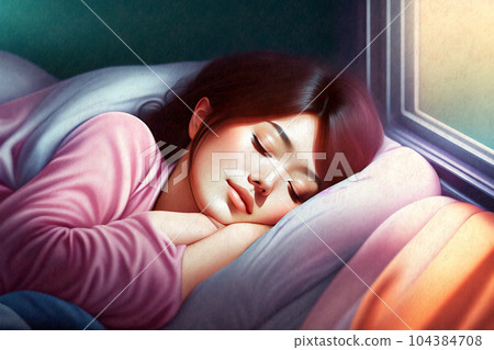 睡過頭的年輕女子 | 動漫/卡通風格數字插畫 | 生成人工智能 104384708