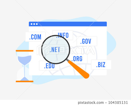 Domain Age - SEO rank factor concept. Check website domain with different web domain namespace, history and age with hourglass illustration. Boost search engine optimization 104385131