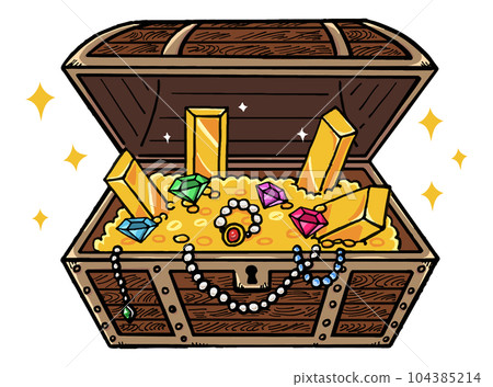 Illustration of a treasure chest full of gold bars, gems and coins Illustration of a treasure chest full of gold bars, gems and coins 104385214