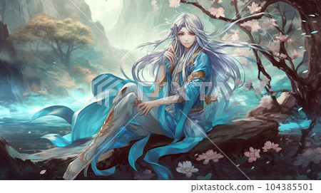 Anime character on the background of forest river Anime character on the background of forest river 104385501