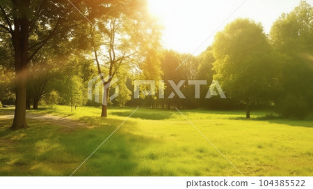 Summer warm landscape with green field and park 104385522