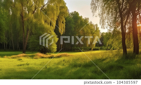 Summer warm landscape with green field and park 104385597