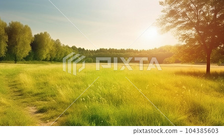 Summer warm landscape with green field and park 104385603