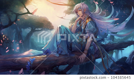 Anime character on the background of forest river 104385645